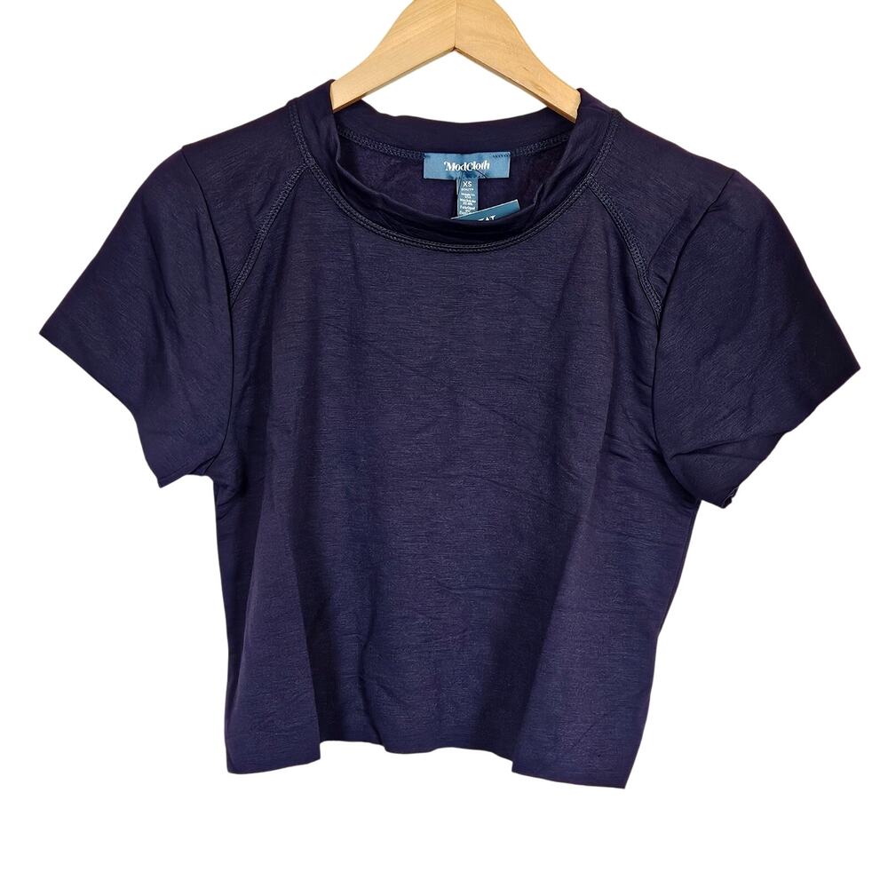 Modcloth Navy Mock Neck Short Sleeve‎ Cropped Top Women's Size XS Casual Basic